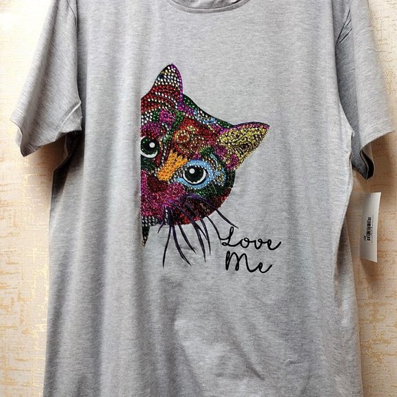 CAT LOVER Rhinestone plus size, Bling Tee, Exclusive. Handmade. GRAY - Picture 4 of 7